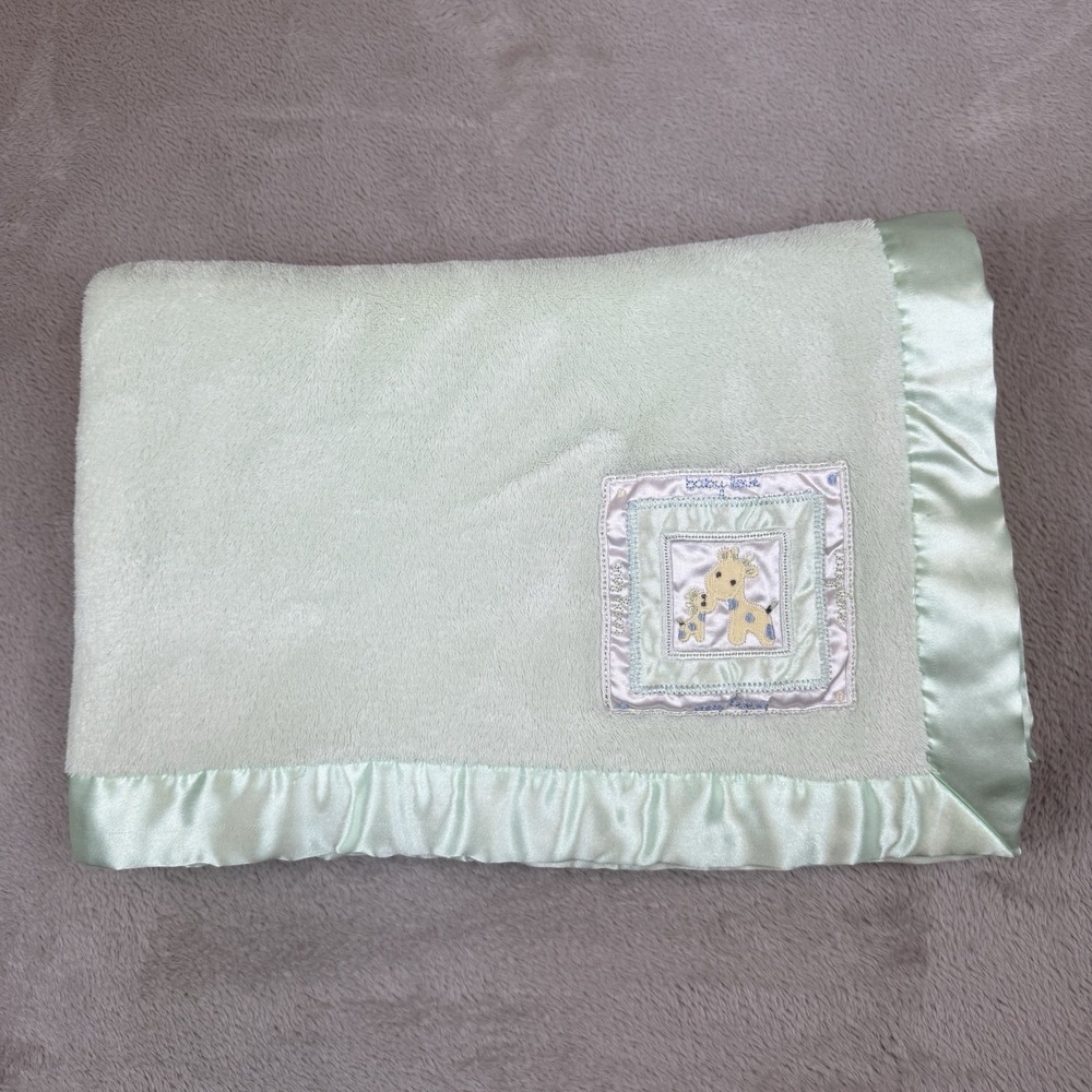 Vtg Carters Soft Green Blanket Satin Trim Kisses Giraffe Mom Baby Love Rare Crib